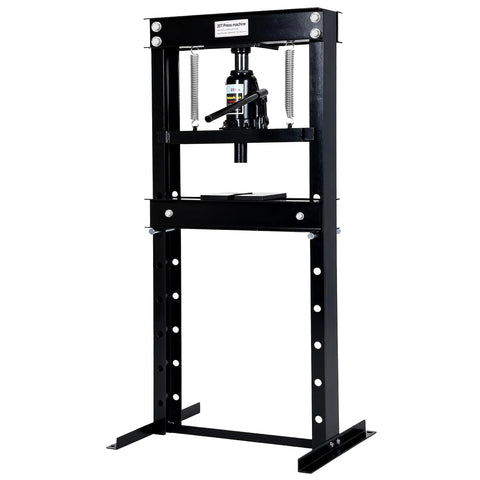20 Ton Hydraulic H Frame Shop Press with Adjustable Table and Stamping Plates for Auto Repair DIY Friendly Garage Projects and Metalworking Heavy Duty Bearing Removal and U Joint Install Straightening, black metal frame, front view.
