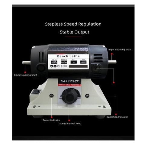 Badass 800W Polishing Machine Bench Grinder Rig with Stepless Speed Control showcasing 800W motor and adjustable speed features.