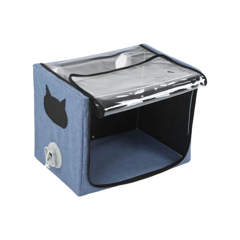 Pet Nebulization Box For Small Animals with transparent top, blue oxford fabric, foldable, portable oxygen inhalation chamber for cats and dogs.