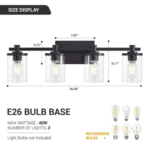 Diagram of 4 Light Black Vanity Light Fixtures For Modern Bathrooms Over The Mirror With Clear Glass Shades And Durable Metal Base