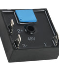 30 Second Brake Light Timer Relay for Golf Carts, black square unit with metal prongs, blue component, 12V-48V compatible