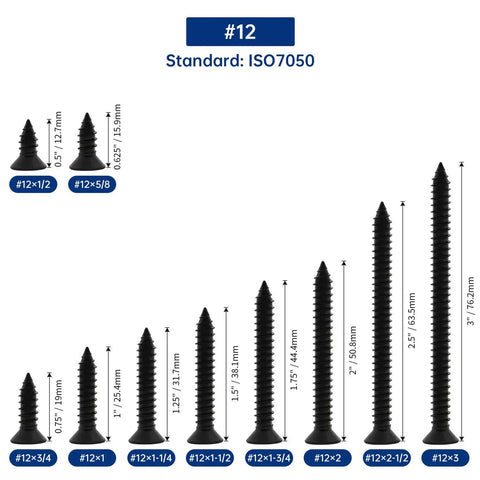 Badass Fifty Piece Kit Of Black 304 Stainless Steel Number 12 Flat Head Phillips Sheet Metal Screws Half Inch Length Job Site Ready Fastener Bundle Drops Right In Comes With Swappable Driver Bits No Sweat Setup detailed size chart