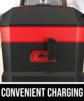 Close-up of the charging port on the 100 Foot Self Leveling Green Cross Line Laser With Rechargeable Battery
