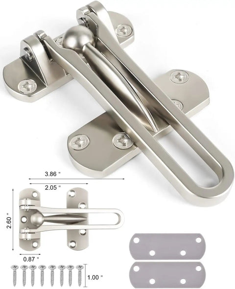 Thick Aluminum Alloy Swing Bar Door Lock Latch with Satin Nickel Finish, includes screws and plates for home security