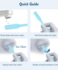 Quick guide showing steps to use Five Color 360 Degree Rotating Nose Hair Trimmer Set With Double Sided Blades.