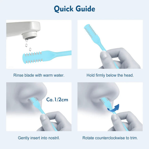 Quick guide showing steps to use Five Color 360 Degree Rotating Nose Hair Trimmer Set With Double Sided Blades.