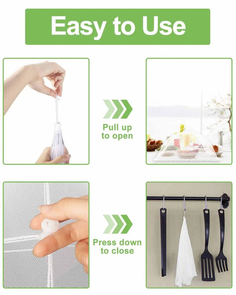 Steps to open and close the Six Pack Mesh Food Covers 17x17 Inches Pop Up Patio Net For Outdoor Dining, showing ease of use.