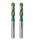 Front view of two rainbow DLC-coated extra-long ball-nose carbide end mills, 1/4 in shank, 2.5 in length for CNC.