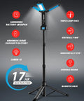 Cordless Rechargeable LED Work Light Kit with Detachable Tripod 8Ah Battery, triple lamp, adjustable beams, and max run time shown.