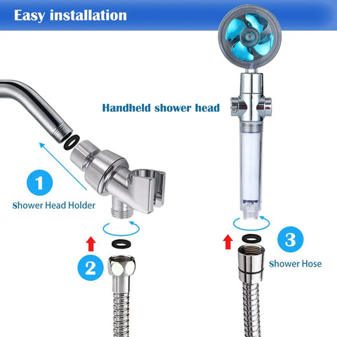 High Pressure Handheld Shower Head With Turbo Fan Hydro Jet and 79 Inch Hose installation guide, showing parts and connections.