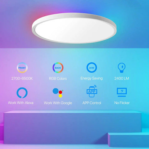 Smart RGB LED Ceiling Light 12 Inch Flush Mount 24W With WiFi And Voice Control For Alexa And Google Assistant 2700K To 6500K Brightness