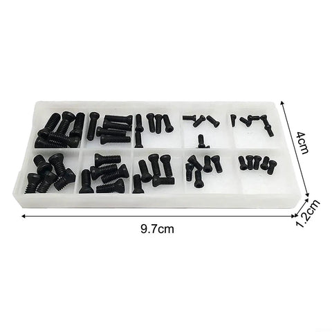 No Fuss Rock Solid Heavy Duty Carbide Insert Fixing Screw Set For CNC Lathe Tool Holders in a clear organizer, 50 pieces.