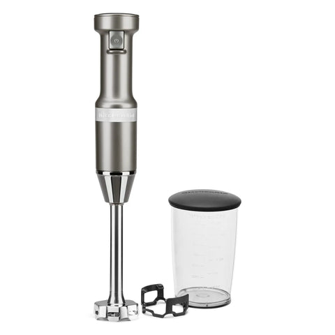 Hassle Free Variable Speed Corded Hand Blender With Razor Sharp Stainless Steel Blades, silver color, measuring cup included.