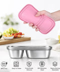 Hand holding pink silicone lid above Three Pack Stainless Steel Snack Containers with dual compartment design