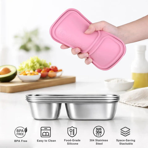 Hand holding pink silicone lid above Three Pack Stainless Steel Snack Containers with dual compartment design