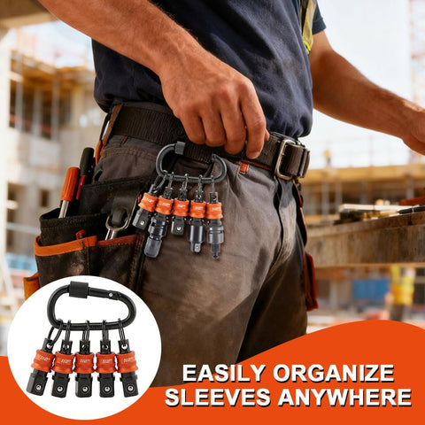 Half Inch Socket Holder Keychain 5 Pack with Heavy Duty Quick Release Clip on worker's belt showing easy access.