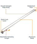 Pro Grade 50 Inch Circular Saw Guide Rail With Rock Solid Clamping Mechanism, featuring rubberized face and aluminum body.