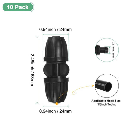 Drip Irrigation Barbed Locking Fittings Kit, 10-Pack 3/8 Inch Tubing Connectors, detailed dimensions shown, plastic coupling