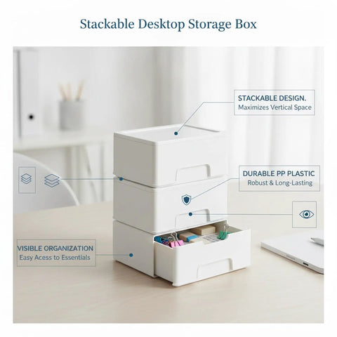 Stackable Plastic Storage Box With Lid For Desk Organization White PP Bin shown stacked and open with stationery inside.