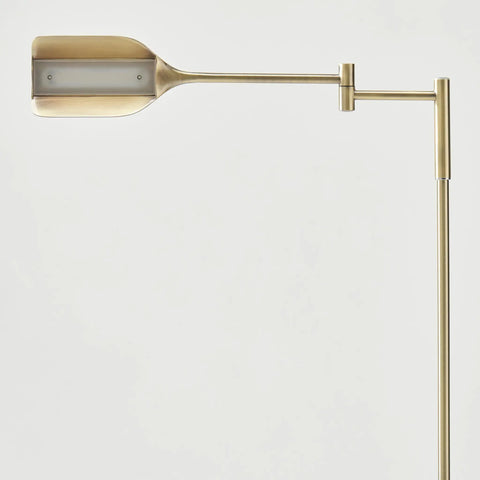 Leaf Pharmacy LED Reading Lamp With Dimmable Floor Lamp Design Adjustable Rotation Over Chair Or Desk Perfect For Living Rooms And Offices Sewing And Crafts Antique Brass Finish, side view of lamp head and arm in brass finish