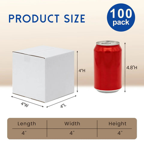 4x4x4 Inch Small Shipping Boxes 100 Pack White Corrugated Cardboard Boxes With Eco Friendly 3 Layer Construction next to soda can