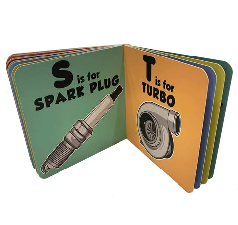 Future Race Car Driver Alphabet Fun For Gearhead Kids A To Z Board Book Teaching Car Parts Wheels Engines And Auto Terms With Colorful Illustrations A Hands On Learning To Read Adventure For Toddlers And Preschoolers open board book pages show spark plug and turbo