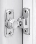 Straight Up No Nonsense Premium Zinc Alloy Barn Door Lock Featuring Dual Angle Mounting for Outside Gates, close-up of silver latch on wood door.