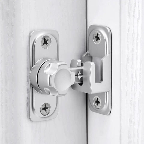 Straight Up No Nonsense Premium Zinc Alloy Barn Door Lock Featuring Dual Angle Mounting for Outside Gates, close-up of silver latch on wood door.