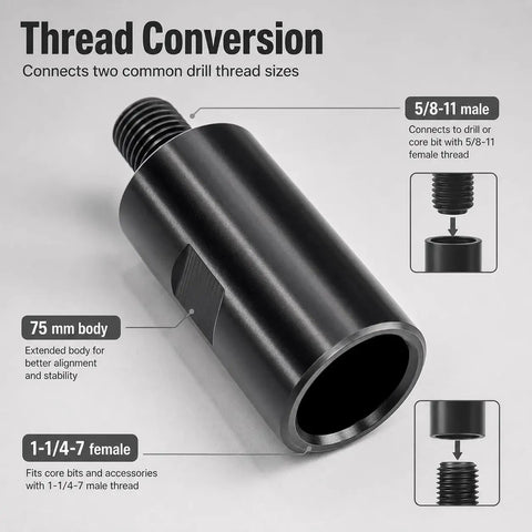 Heavy Duty Hardened Steel Core Drill Thread Adapter That Pulls Off A Smooth Swap From One Inch And Quarter Female To Five Eighths Male Threads for stable drill conversion.