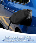 Tough Universal EV Charger Port Cover With A Rock Solid Magnetic Grip And Waterproof Weather Shield on blue car charging port