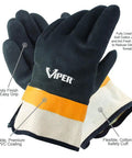 Viper Double Coated PVC Work Gloves With Safety Cuff Black Heavy Duty Grip For Wet Conditions Sand Finish For Superior Traction Pack Of 12 Size Large Comfortable showing sandy finish and cotton lining.