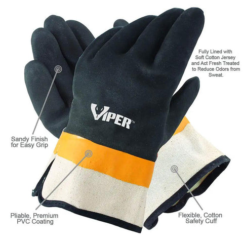 Viper Double Coated PVC Work Gloves With Safety Cuff Black Heavy Duty Grip For Wet Conditions Sand Finish For Superior Traction Pack Of 12 Size Large Comfortable showing sandy finish and cotton lining.