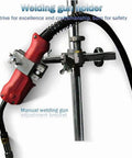 Welding gun holder with manual adjustment bracket, featuring red grip for easy use. Supports lightweight rotary welding positioner.