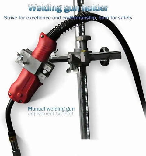 Welding gun holder with manual adjustment bracket, featuring red grip for easy use. Supports lightweight rotary welding positioner.