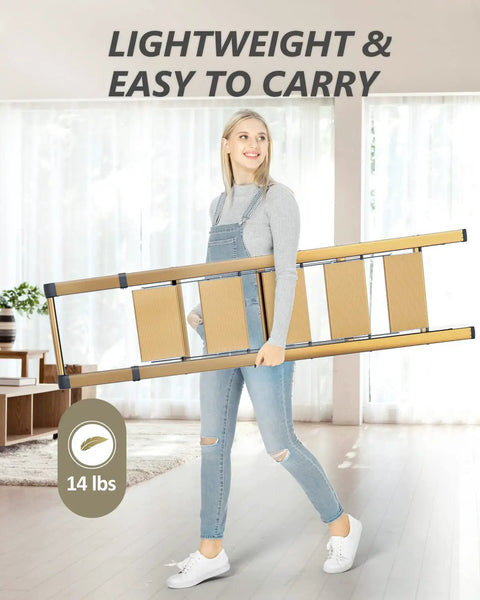 Five Step Ladder With Handrail Champagne Gold For Home Use Top Handle Design With Non Slip Rubber Feet Stable Easy Up And Down Stool For Kitchen Garage And Office Tasks, woman carrying folded aluminum ladder