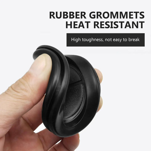 Double Sided Rubber Grommet Kit 36 Pieces Round Hole Plugs For Cable Management And Wire Protection Gear Weather Resistant High Heat Durable Grommets That Shield Wires And Cables In Harsh Environments black rubber grommet held by hand