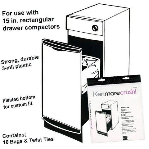 Image of a heavy duty trash compactor showing a 15-inch drawer with 3-mil plastic bags, highlighting pleated bottom and packaging.