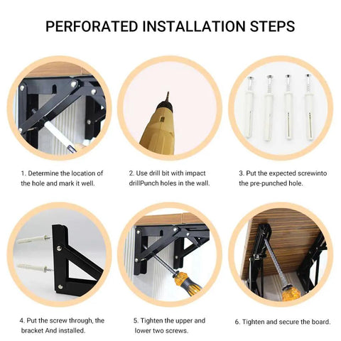 Installation steps for Heavy Duty Wall Mounted Folding Shelf Brackets With Tough Triangle Frame And Slick Fold Away Design For Hella Space Saving Diy Build Projects Max Load 330lbs In White Two Pack.