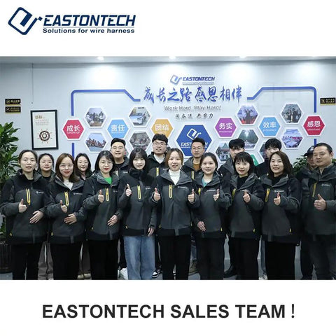 Heavy Duty Semi Automatic Waterproof Terminal Crimping Machine Plug Insert Workhorse With Smart Controls And Knockout Performance For Fast Industrial Wiring Jobs That Get The Job Done Right, Eastontech sales team posing together with thumbs up.