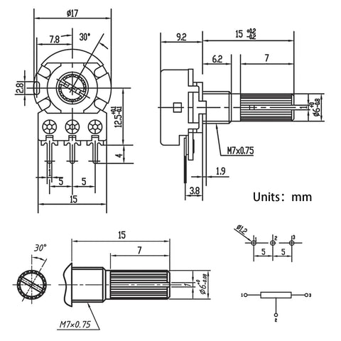 Technical diagram of 10K Linear Taper Rotary Potentiometer With 3 Pins And 20cm Wire, showing dimensions and measurements.