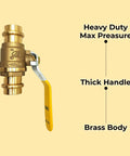 Half Inch Brass Ball Valve With Press Shut Off No Fuss Install EPDM O Ring Fits Both Ends For PEX Tubing close-up view