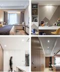 Top Shelf 4 Pack LED Recessed Downlights With Sleek Chrome Trim illuminating a modern bedroom and workspace in a bright interior.