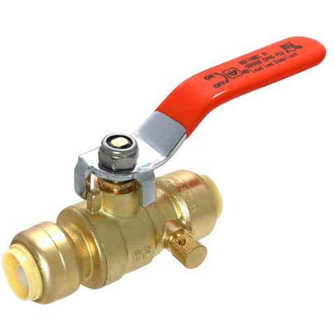 Push Fit Ball Valve Half Inch To Half Inch With Drain For Easy Solder Free Install Built In Drain For Winterization on white background