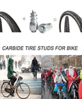 200 Pcs 9 Mm Tungsten Carbide Anti Slip Tire Spikes Reusable Screw Mount Bike Boot Shoe Crampon shown on snowy road with bikers.