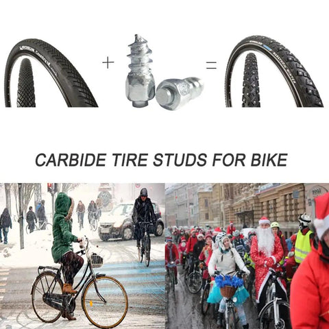 200 Pcs 9 Mm Tungsten Carbide Anti Slip Tire Spikes Reusable Screw Mount Bike Boot Shoe Crampon shown on snowy road with bikers.