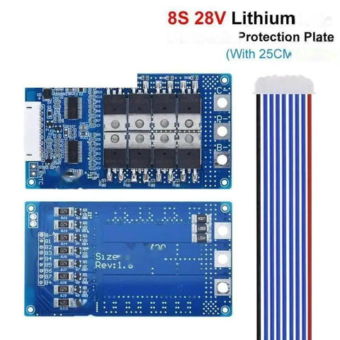 Built Different 8S 28V 28A Battery Management System Board with lithium protection plate and connection wiring.