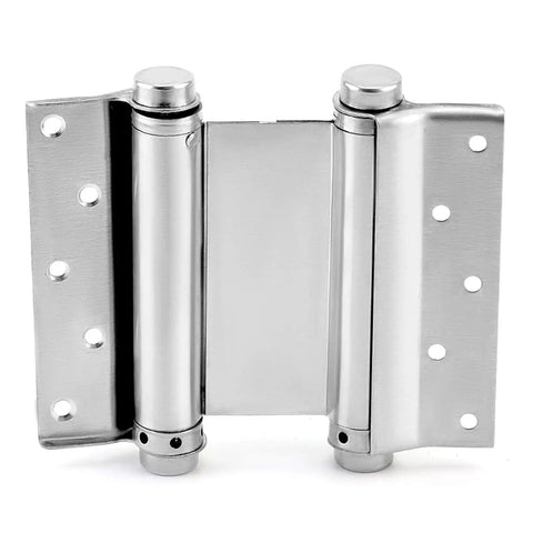 Heavy Duty Stainless Steel Auto Closing Hinges 4 Pack Double Action Pivot Spring Loaded Brushed Finish Rustproof Swing Door Hardware close-up view of hinge components.
