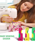 Woman sewing with machine next to Automatic Needle Threader For Sewing Machines And Hand Sewing Lightweight Plastic Threading Tool For Easy Eye Friendly Threading Great For Elderly Beginners DIY Crafters And Crafts 3 Pack