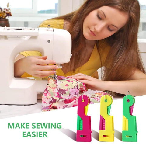 Woman sewing with machine next to Automatic Needle Threader For Sewing Machines And Hand Sewing Lightweight Plastic Threading Tool For Easy Eye Friendly Threading Great For Elderly Beginners DIY Crafters And Crafts 3 Pack