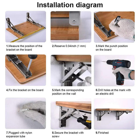 Installation steps for Heavy Duty Folding Shelf Brackets 20 Inch Two Pack Stainless Steel Collapsible Wall Mount.
